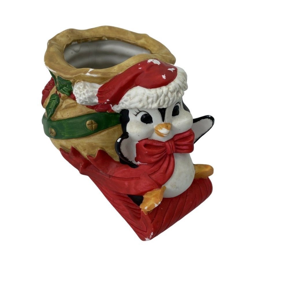 VTG 1989 House Of Lloyd Christmas Penguin Sleigh Planter Ceramic Decor Kitsch